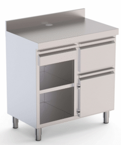 Mueble Cafetero Acero Inoxidable Con Tolva a la Derecha, 1 Estante, 1 Puerta y 1 Cajón 1000x600x1050h mm
