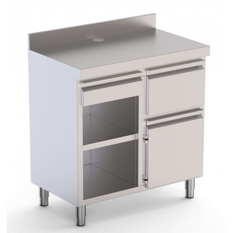 Mueble Cafetero Acero Inoxidable Con Tolva a la Derecha, 1 Estante, 1 Puerta y 1 Cajón 1000x600x1050h mm 1 Mueble Cafetero Acero Inoxidable Con Tolva a la Derecha, 1 Estante, 1 Puerta y 1 Cajón 1000x600x1050h mm
